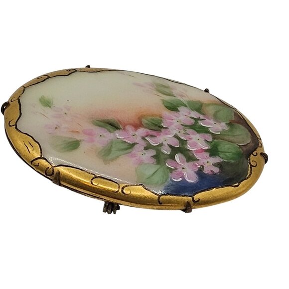 Antique Hand-Painted Porcelain Floral Brooch Victorian C-Clasp Pink Romantic Pin - Picture 7 of 13
